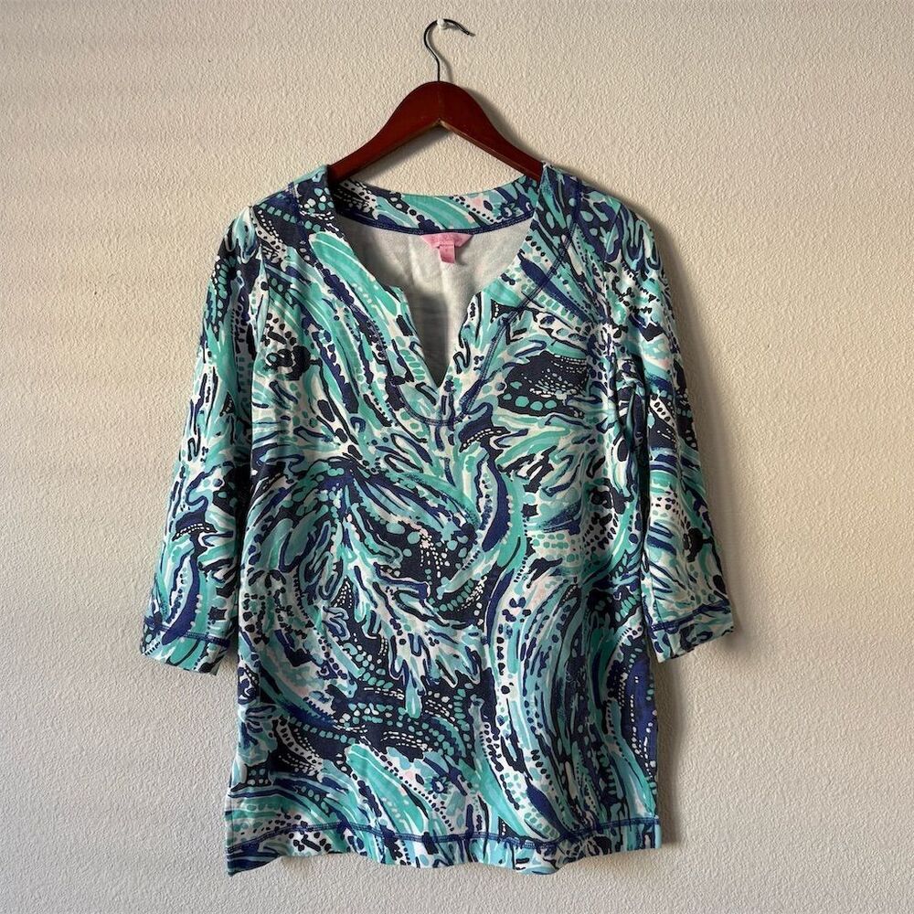 Lilly Pulitzer UPF 50+ Justina Geometric Tunic Top Women's S V-Neck 3/4 Sleeve
